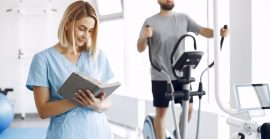 Patient Doing Exercise On Spin Bike In Gym With Therapist
